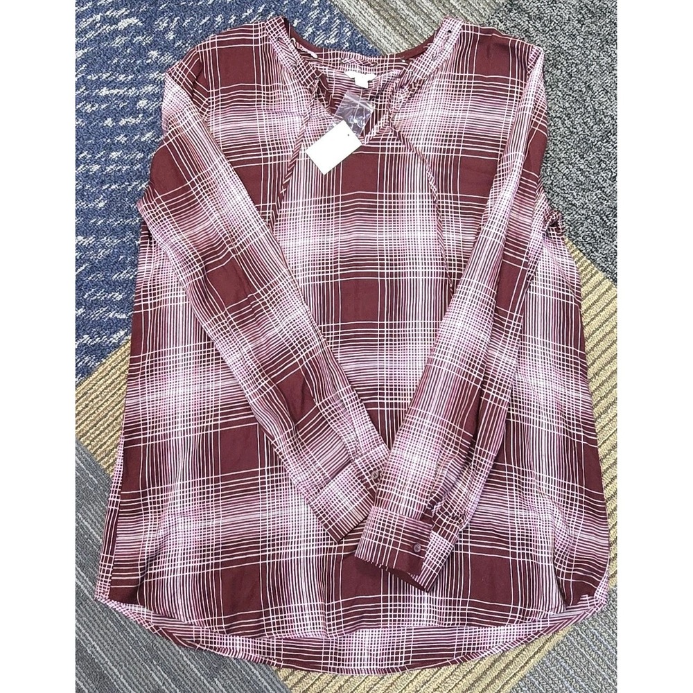 C Est 1946 Pull Over Burgundy Plaid Long Sleeve Womens Top Sz Large Lightweight